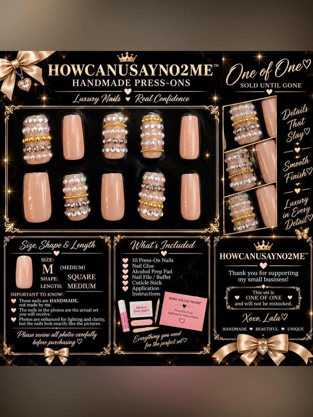#9 HOWCANUSAYNO2ME Nude Pink Press-On Nails with Pearls & Rhinestones